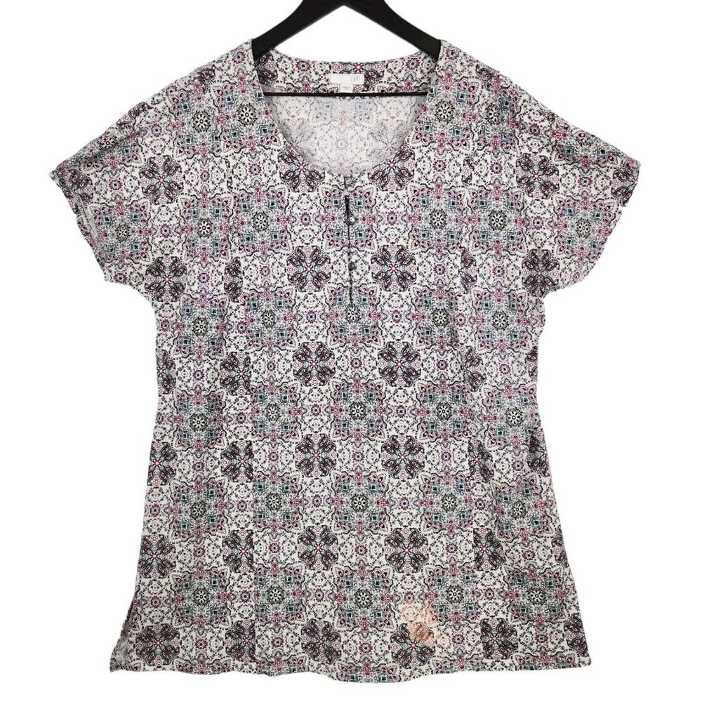j.jill Blouse Tunic Size XL Henley White Multi Print Short Sleeve Cotton Blend